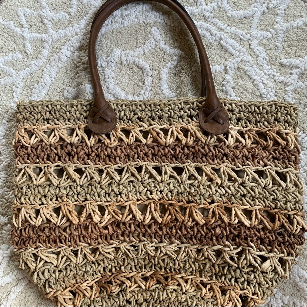 Vintage Striped Straw Hobo Bucket Tote Bag - Picture 11 of 12